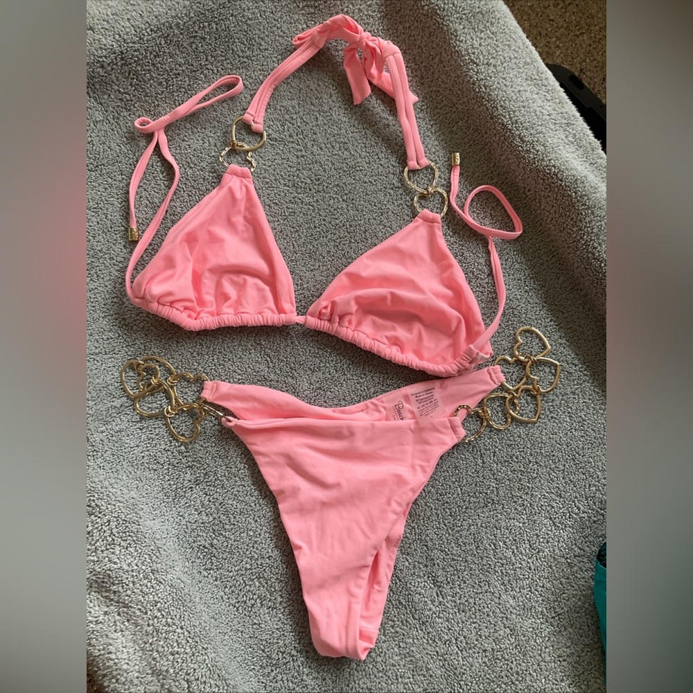 Beach Bunny Lexi pink Bikini with Gold Heart Accents